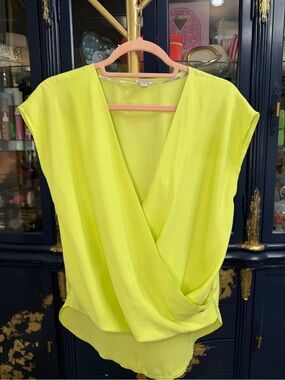 GUESS Neon Chartreuse Faux Wrap Draped V-Neck Blouse